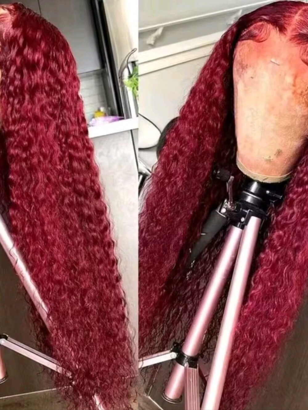 Women's 18" Inches Burgundy Deep Wave Peruvian Human Hair Glueless Lace Wig